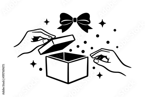 Hands opening gift box with sparkles and bow illustration