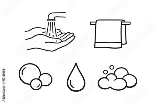 Handwashing symbols: hygiene icons featuring hands, towel, bubbles, water droplet