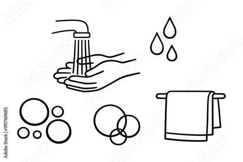 Handwashing icon set with water drops, bubbles, and towel for hygiene awareness