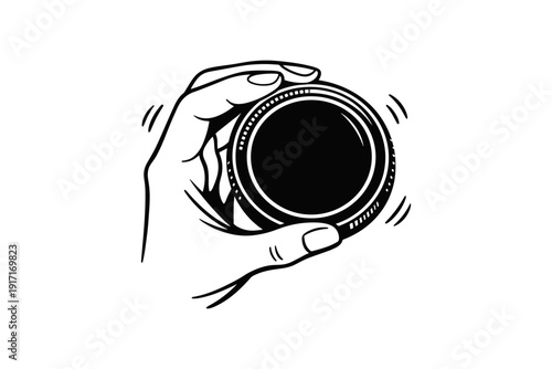 Hand adjusting camera lens illustration in black and white