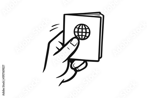 Hand holding passport icon with globe symbol