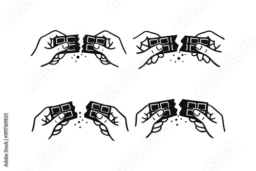 Cartoon hands breaking chocolate squares with crumbs
