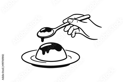 Hand pouring chocolate sauce over delicious dessert pudding