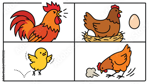Cartoon Chicken Family & Activities: Crowing Rooster, Nesting Hen, Jumping Chick, Pecking Hen, Egg Illustration