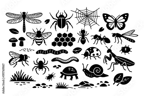 Insect and bug silhouette collection with dragonfly, spider, snail, and more