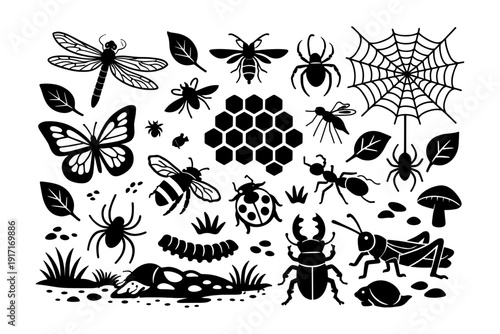 Insect silhouettes with spider web, leaves, and honeycomb elements