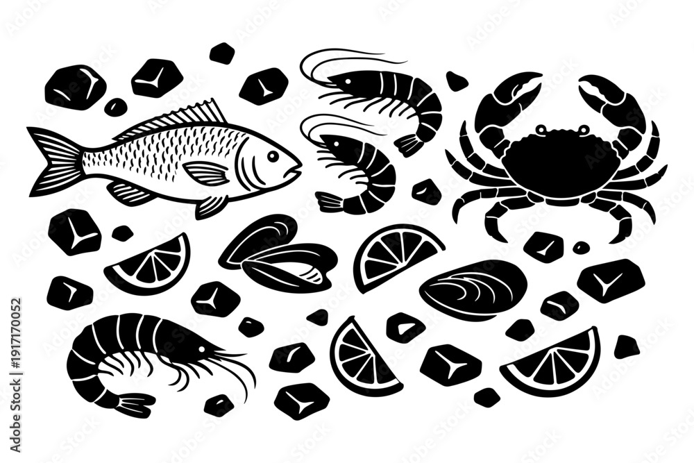 Obraz premium Seafood and lemon illustration with fish, crab, shrimp, shellfish, and ice
