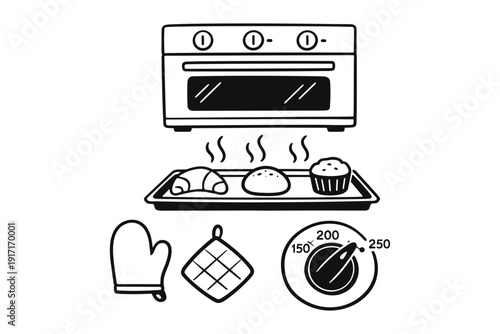 Baking essentials: oven with pastries, oven mitt, pot holder, and temperature dial
