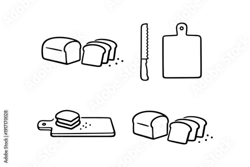 Minimalist bread and kitchen utensils: sliced loaf, knife, cutting board icons