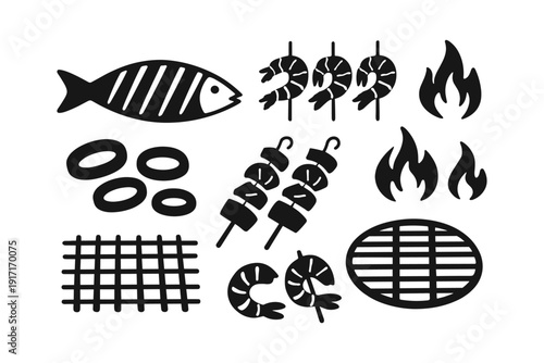 Grill icons set: fish, shrimp, flames, bbq grates and skewers in black silhouette style