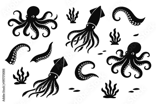 Black silhouettes of octopuses and squids with tentacles in ocean scene