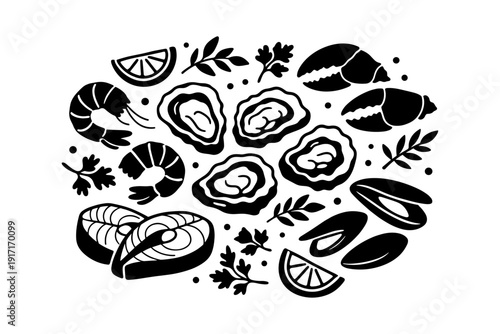Seafood delights: oysters, shrimp, salmon, mussels, and crab in black and white design