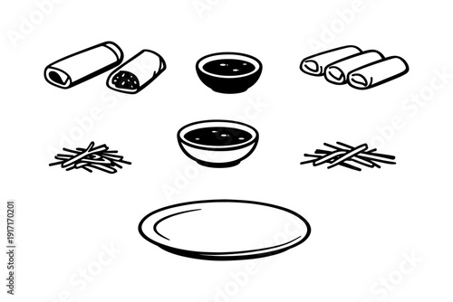 Monochrome collection of spring rolls chopsticks bowls and plates