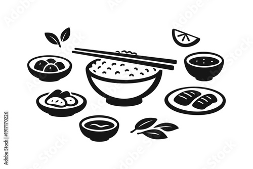 Traditional japanese cuisine icons with sushi, rice bowl, and tea