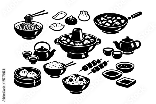 Variety of asian cuisine illustrations featuring noodles, dumplings, and teapots