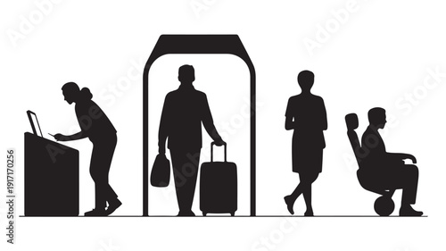 Illustration of people at airport terminal with traveler emerging from security check