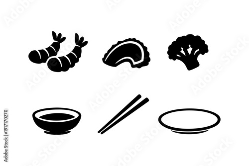 Asian cuisine icons: shrimp, dumpling, broccoli, bowl, chopsticks, plate