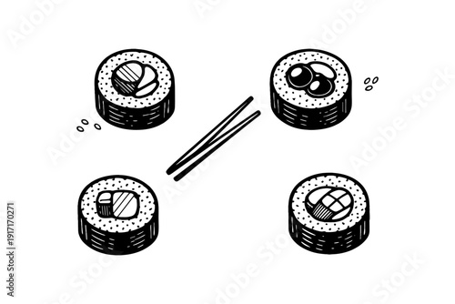 Vector sushi illustration with chopsticks and rice grains
