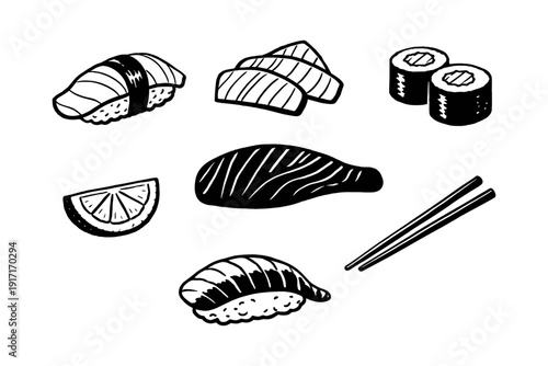 Hand-drawn sushi collection with nigiri, rolls, and chopsticks