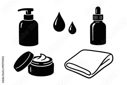 Skincare essentials: lotion, serum, cream, towel - black and white icons