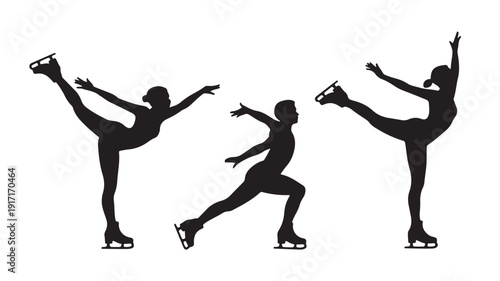 Three ice skaters in dynamic poses, silhouetted figures performing dance moves on ice, captured from a front viewpoint.