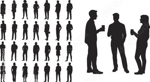 Silhouette people collection, diverse standing poses illustration, professional attire artwork, human interaction gesture design, corporate communication representation, flat vector