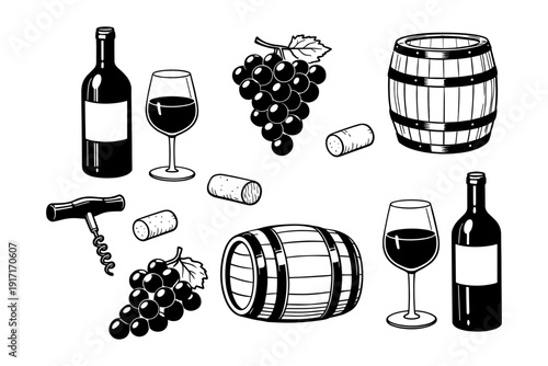 Wine elements: bottles, glasses, grapes, barrels, corks, corkscrew