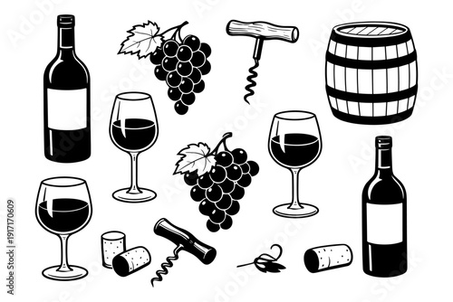 Wine elements: bottles, glasses, grapes, corkscrews, barrels in black and white