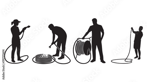 Silhouettes of people working with hoses and cable reels outdoors at ground level