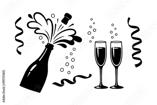 Champagne celebration with cork popping and two glasses