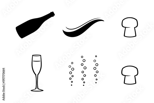 Champagne celebration icons: bottle, bubbles, cork, glass symbols