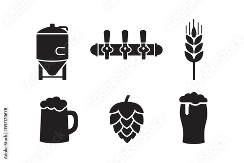 Beer brewing icons: fermentation, taps, wheat, mug, hop, pint glass