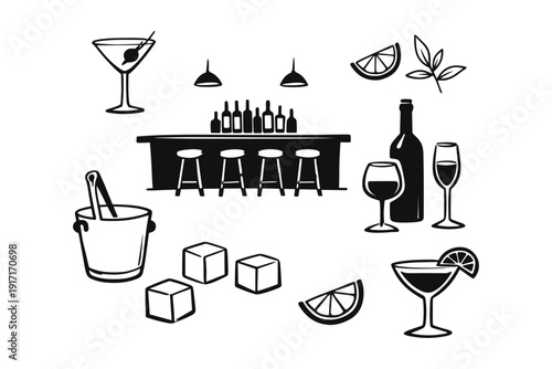 Black and white bar icons: cocktails, drinks, and barware elements