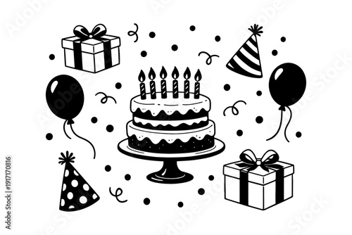 Black and white birthday celebration with cake, balloons, and gifts