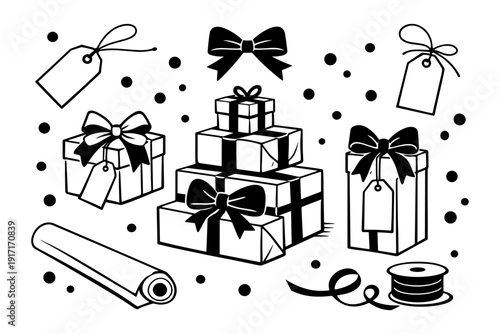 Black and white gift boxes with ribbons and tags
