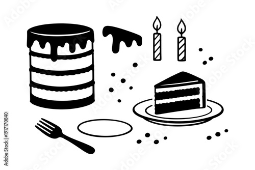 Black and white cake illustration with slice, fork, candles, and icing drops