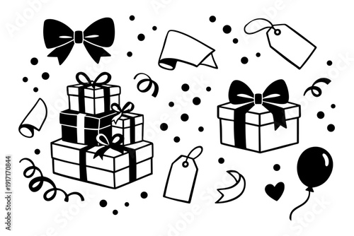 Gift boxes and celebration elements with ribbons and tags