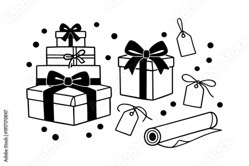 Monochrome gift boxes and tags with wrapping paper and polka dots