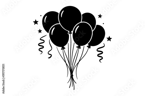 Black balloons with stars and spirals illustrating celebration