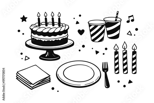 Birthday celebration elements: cake, candles, drinks, party decorations, and tableware