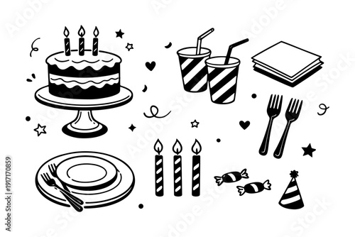 Birthday celebration elements: cake, drinks, utensils, and decorations in black and white design