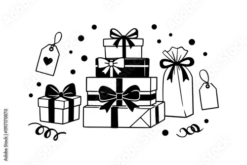 Elegant gift boxes with ribbons and tags in black and white illustration