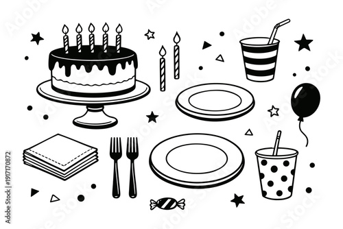 Birthday party essentials: cake, candles, plates, utensils, and decor