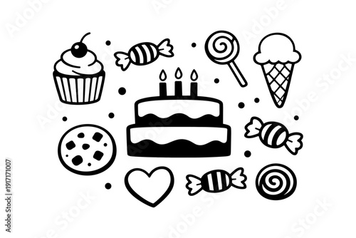 Birthday celebration icons: cake, cupcake, candies, cookies, ice cream, lollipop