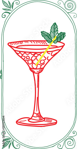 Elegant illustration featuring a delicate coupe glass filled with a vibrant red cocktail garnished perfectly with fresh mint leaves and a lemon twist signifying refined celebratory beverage enjoyment.