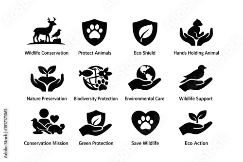 Wildlife conservation symbols: protect animals, eco shield, nature preservation