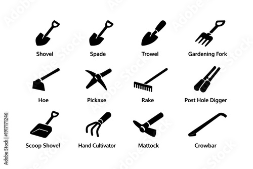 Set of silhouette garden tools including shovel, spade, trowel, and rake
