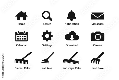 Home and tools icons: notifications, settings, calendar, and gardening rakes collection