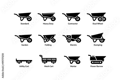 Various types of wheelbarrows and carts: standard, heavy duty, electric