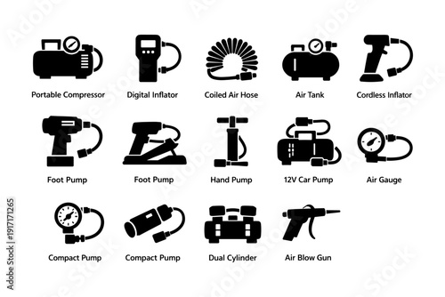 Various inflation tools: air compressors, inflators, pumps, gauges, and hoses
